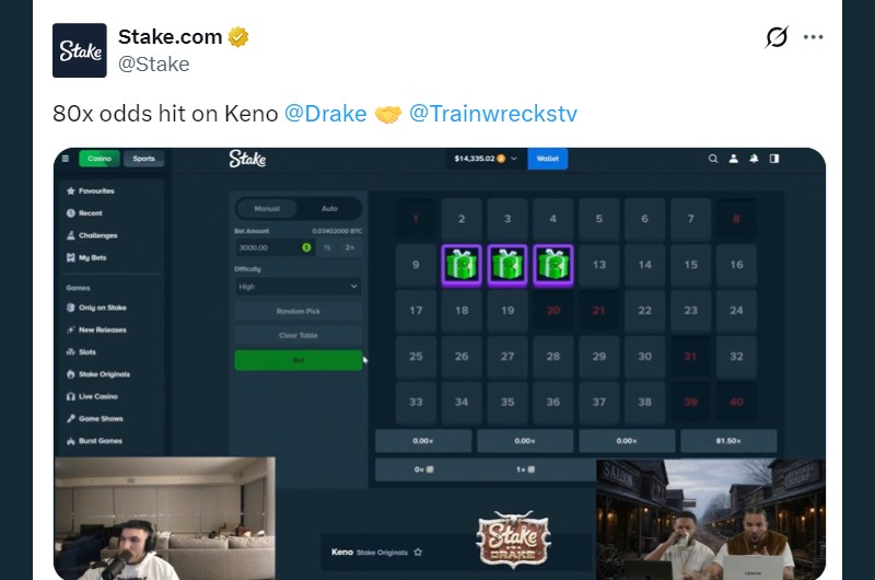 Twitter 244K Stake Keno Win